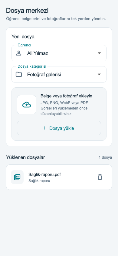 Mobil uygulamada dosya merkezi ekranı